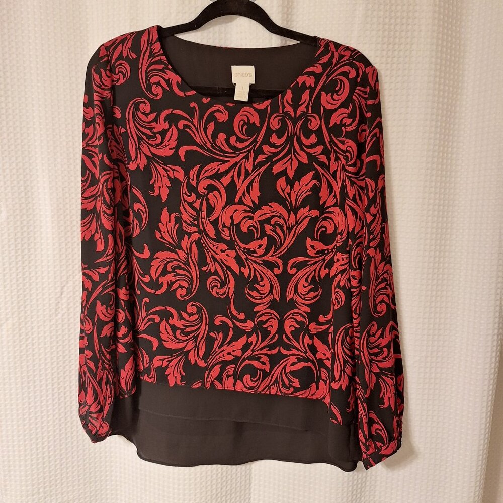 Chico's Black/Red Blouse Layered Long Sleeve Size 1 (Small)